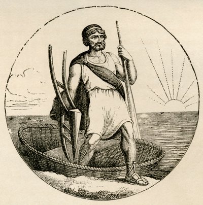 Ancient Briton with a coracle and plow, from 